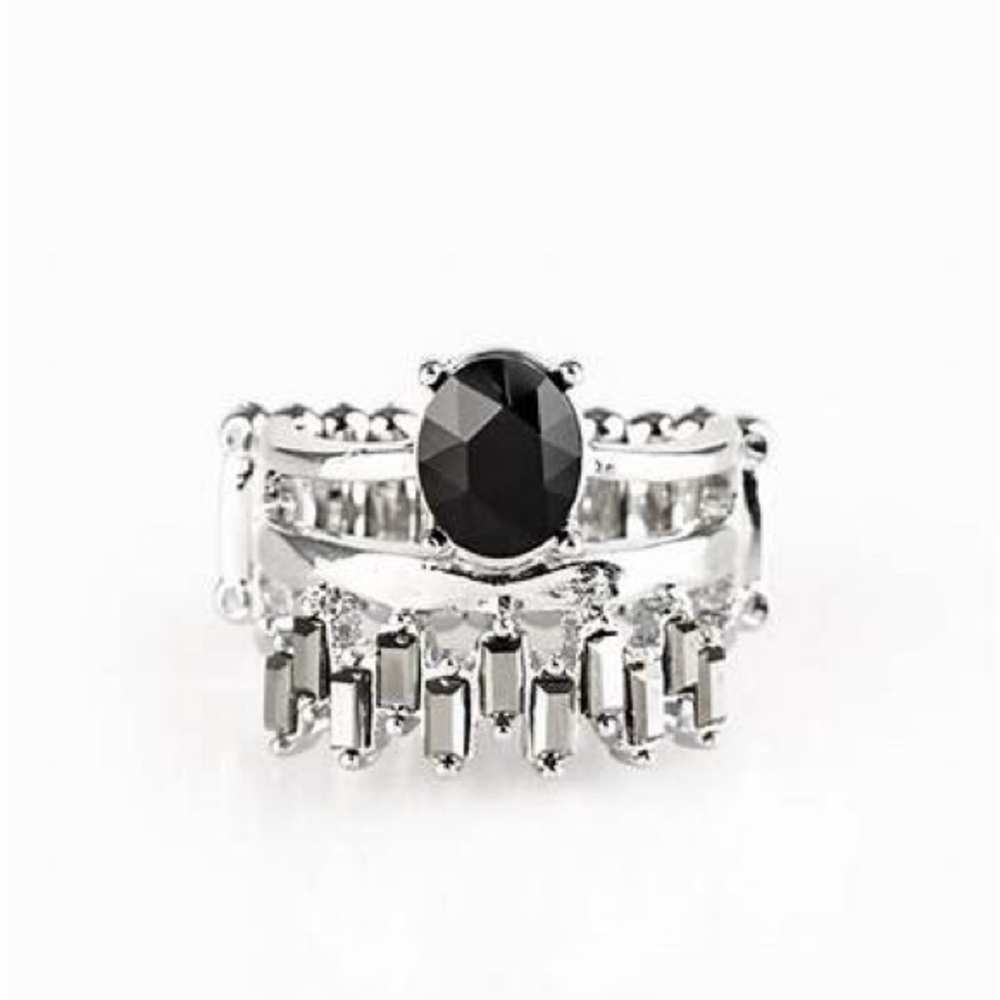 Silver and black rhinestone multi layered ring*